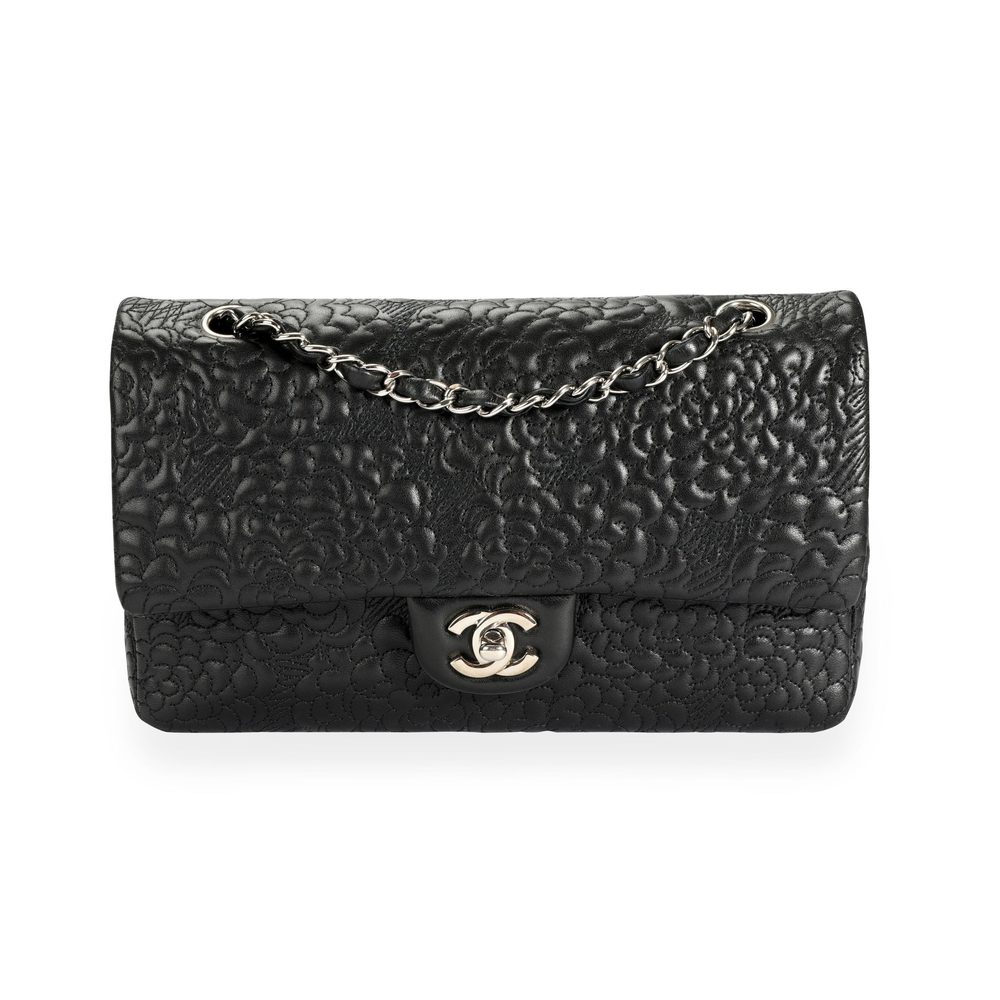 Chanel Black Camellia-Embossed Lambskin Classic Medium Double Flap Bag